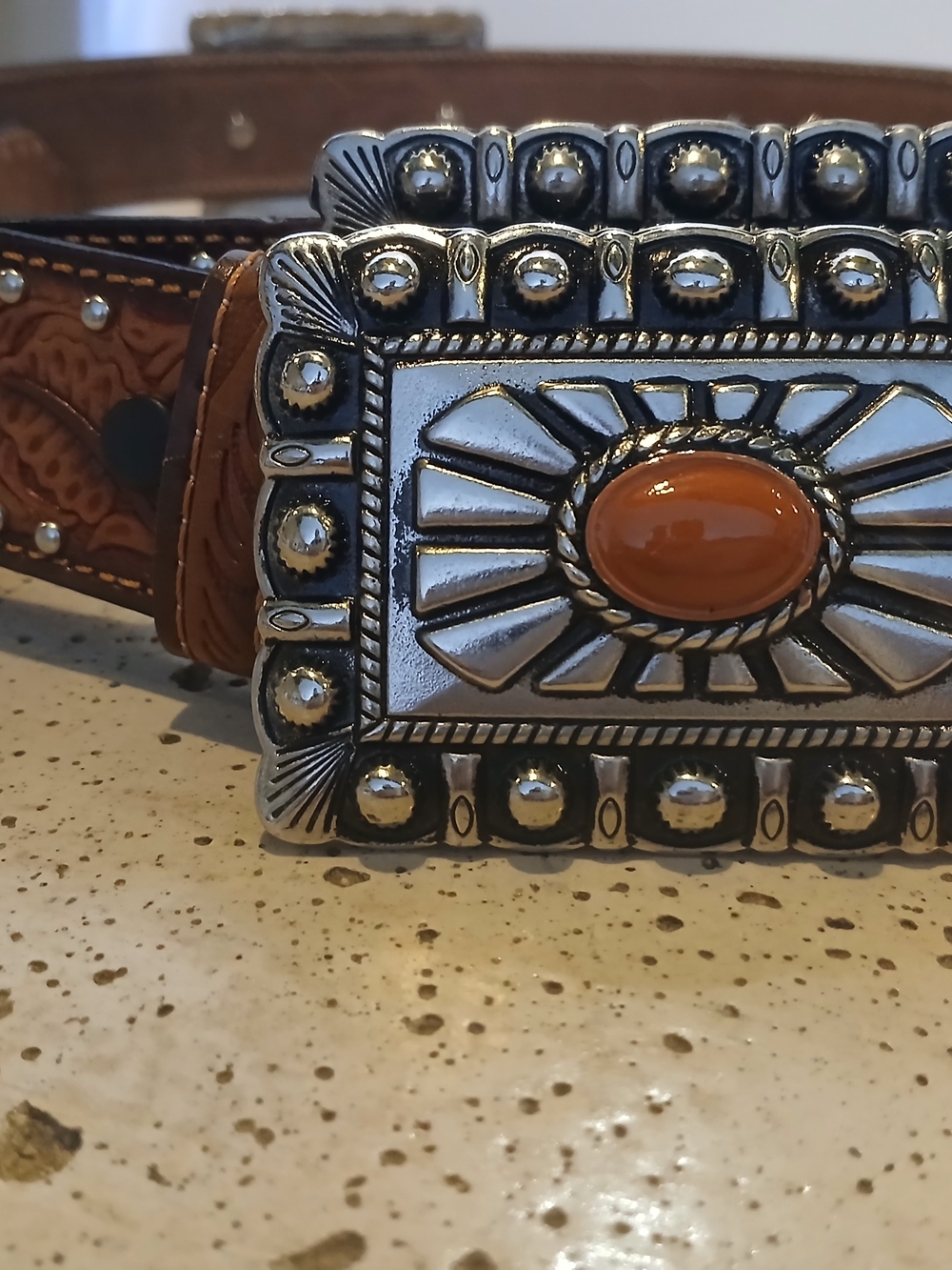 Leather Western Belt with Ornate Silver-Tone Buckle - Brown